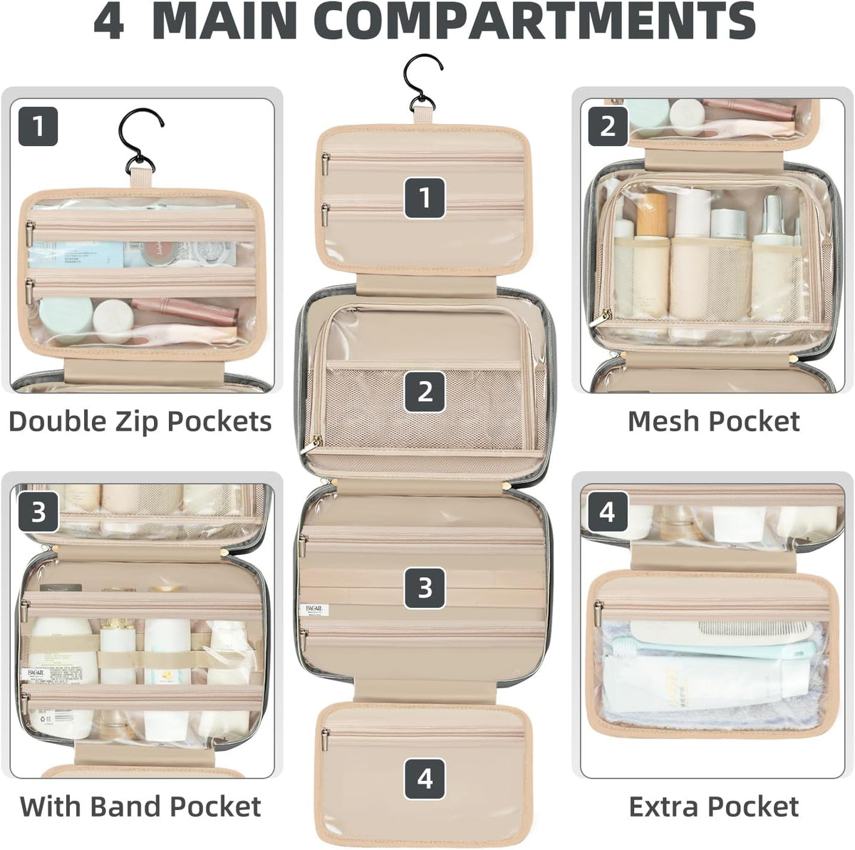Hanging Toiletry Bag for Women Water-resistant Cosmetic Bag Large Capacity Travel Makeup Organizer for Full-Sized Travel Essentials(Classic+Jewelry Bag, Black)