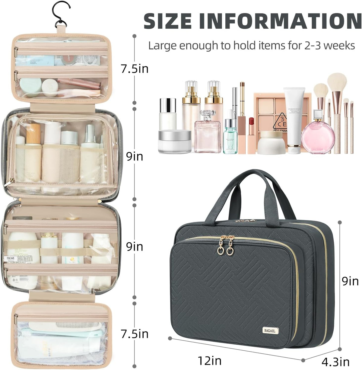 Hanging Toiletry Bag for Women Water-resistant Cosmetic Bag Large Capacity Travel Makeup Organizer for Full-Sized Travel Essentials(Classic+Jewelry Bag, Black)