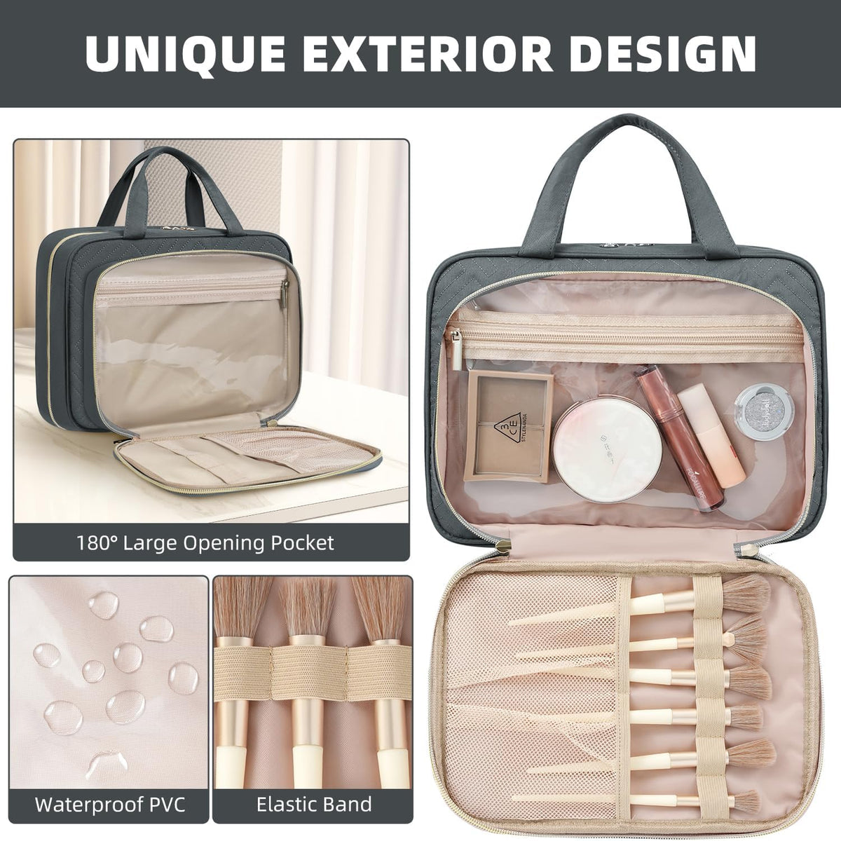 Hanging Toiletry Bag for Women Water-resistant Cosmetic Bag Large Capacity Travel Makeup Organizer for Full-Sized Travel Essentials(Classic+Jewelry Bag, Black)