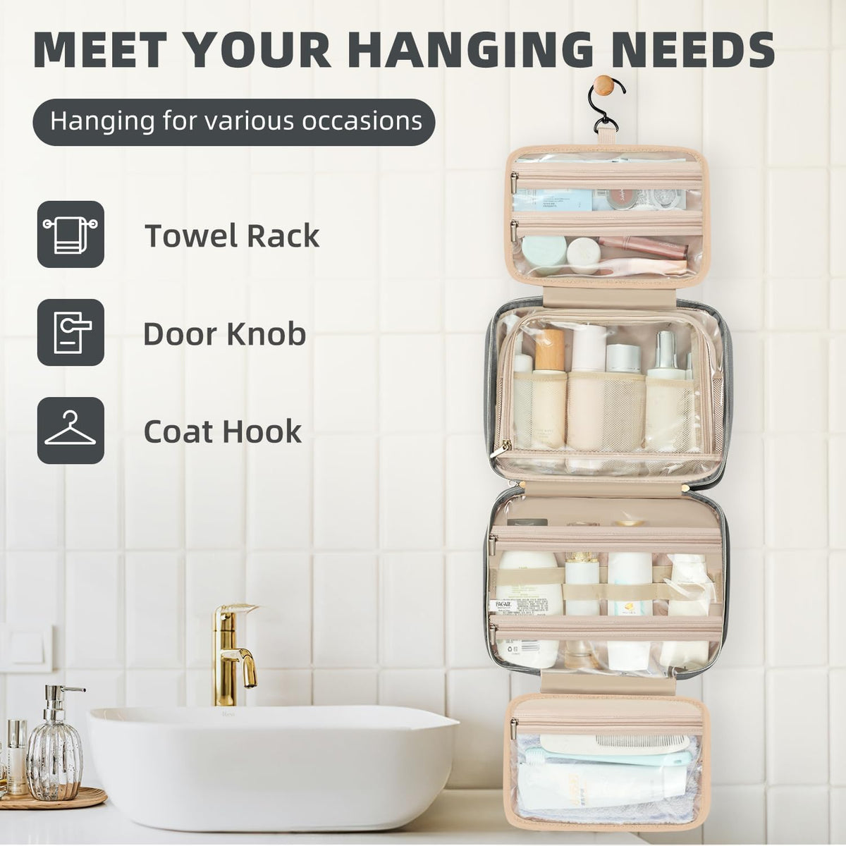 Hanging Toiletry Bag for Women Water-resistant Cosmetic Bag Large Capacity Travel Makeup Organizer for Full-Sized Travel Essentials(Classic+Jewelry Bag, Black)