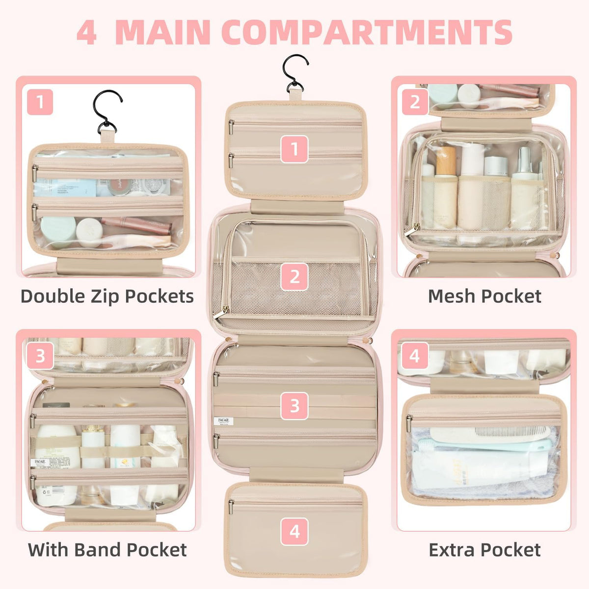 Hanging Toiletry Bag for Women Water-resistant Cosmetic Bag Large Capacity Travel Makeup Organizer for Full-Sized Travel Essentials(Classic+Jewelry Bag, Black)
