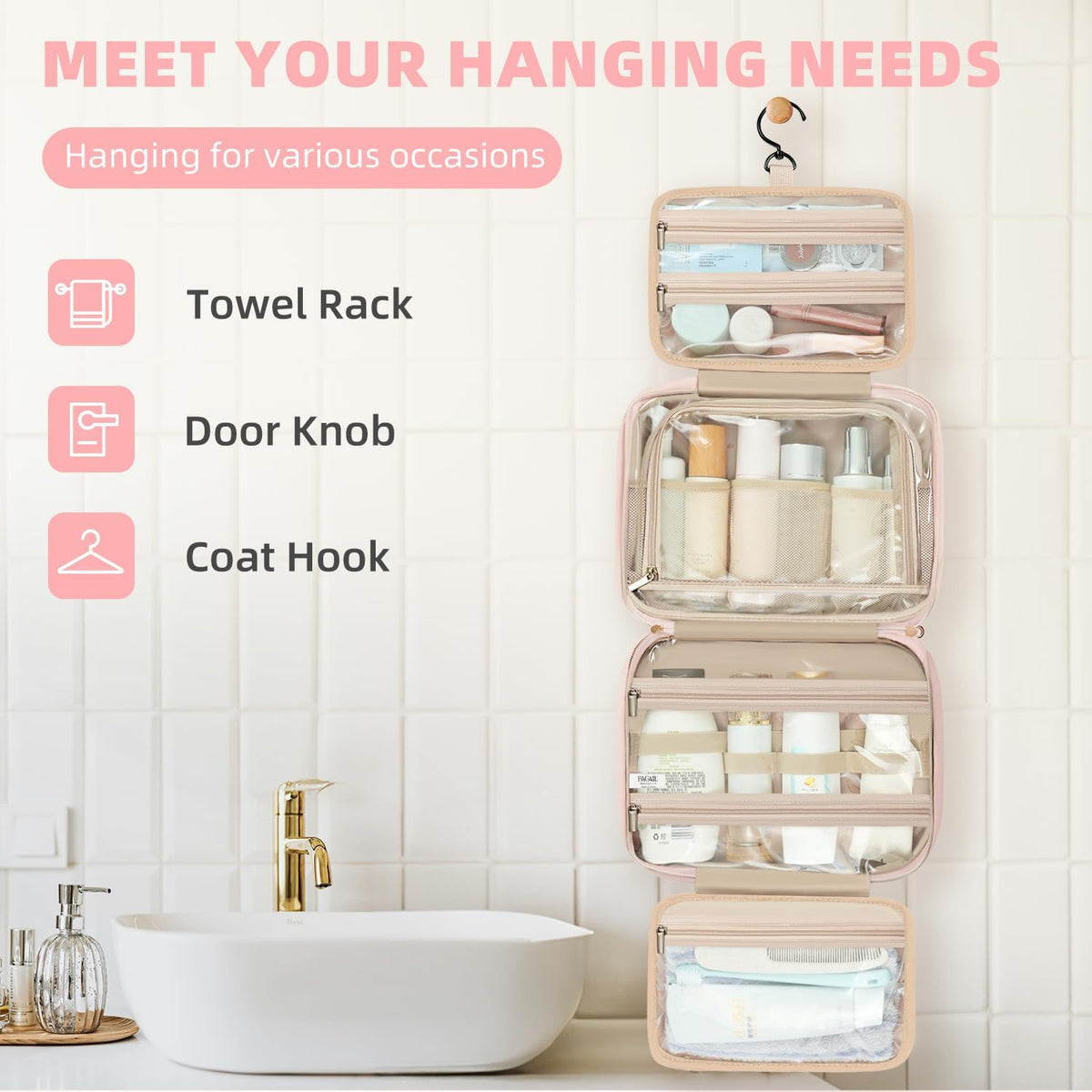 Hanging Toiletry Bag for Women Water-resistant Cosmetic Bag Large Capacity Travel Makeup Organizer for Full-Sized Travel Essentials(Classic+Jewelry Bag, Black)