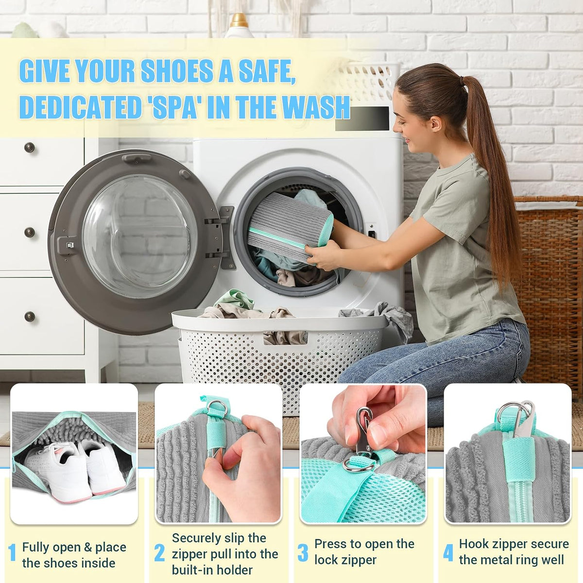 Shoe Washing Machine Bag, 2 PC Reusable XXL Shoes Laundry Bag for Washer & Dryer with Concealed Heavy-Duty Zipper to Protects Shoes & Machine, Cleaning Bag for Sneakers & Tennis Shoe(Yellow)