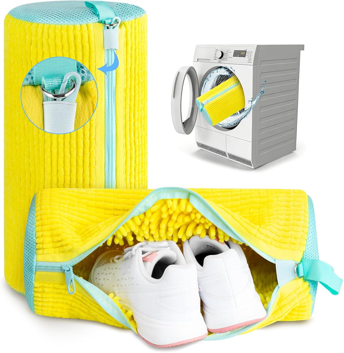 Shoe Washing Machine Bag, 2 PC Reusable XXL Shoes Laundry Bag for Washer & Dryer with Concealed Heavy-Duty Zipper to Protects Shoes & Machine, Cleaning Bag for Sneakers & Tennis Shoe(Yellow)