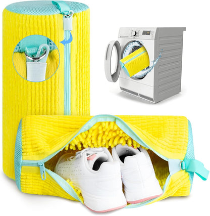 Shoe Washing Machine Bag, 2 PC Reusable XXL Shoes Laundry Bag for Washer & Dryer with Concealed Heavy-Duty Zipper to Protects Shoes & Machine, Cleaning Bag for Sneakers & Tennis Shoe(Yellow)