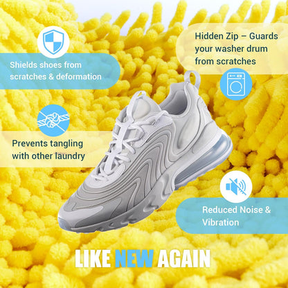 Shoe Washing Machine Bag, 2 PC Reusable XXL Shoes Laundry Bag for Washer & Dryer with Concealed Heavy-Duty Zipper to Protects Shoes & Machine, Cleaning Bag for Sneakers & Tennis Shoe(Yellow)