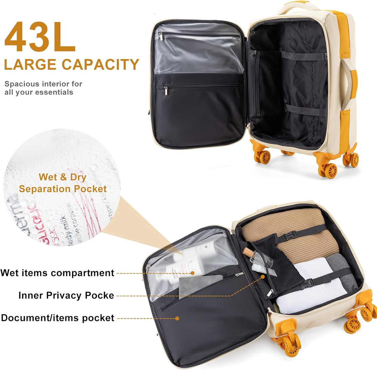 Underseater Carry-On Luggage Airline Approved with Spinner Wheels, 16 Inch Luggage with TSA Lock, Overnight Rolling Softside Suitcases for Women,Purple
