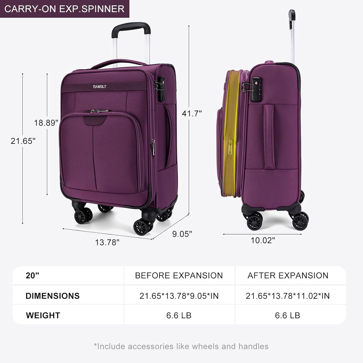 Underseater Carry-On Luggage Airline Approved with Spinner Wheels, 16 Inch Luggage with TSA Lock, Overnight Rolling Softside Suitcases for Women,Purple