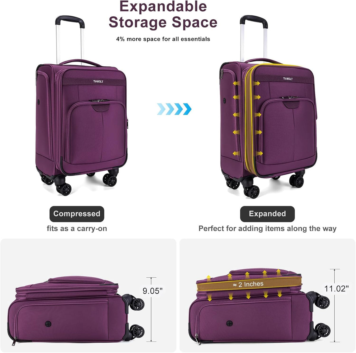 Underseater Carry-On Luggage Airline Approved with Spinner Wheels, 16 Inch Luggage with TSA Lock, Overnight Rolling Softside Suitcases for Women,Purple