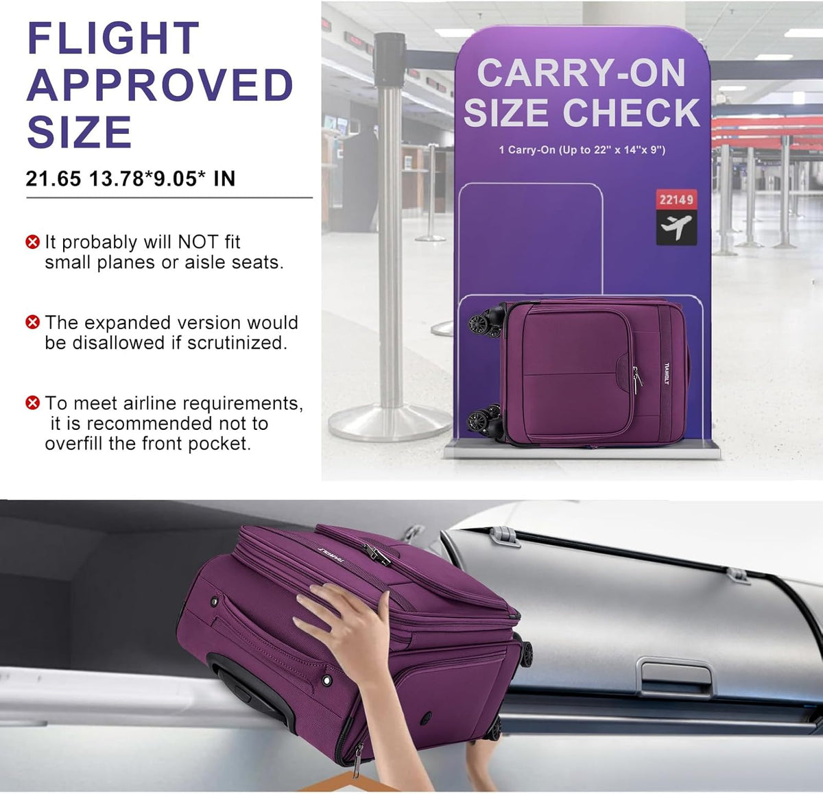 Underseater Carry-On Luggage Airline Approved with Spinner Wheels, 16 Inch Luggage with TSA Lock, Overnight Rolling Softside Suitcases for Women,Purple