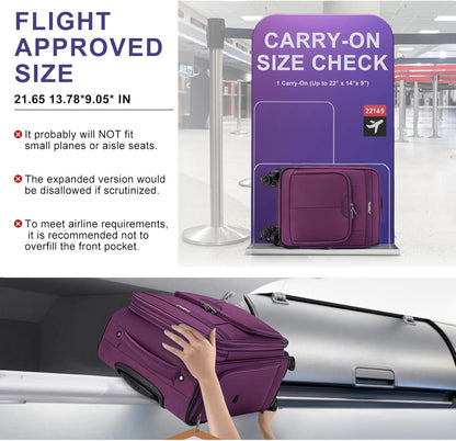 Underseater Carry-On Luggage Airline Approved with Spinner Wheels, 16 Inch Luggage with TSA Lock, Overnight Rolling Softside Suitcases for Women,Purple