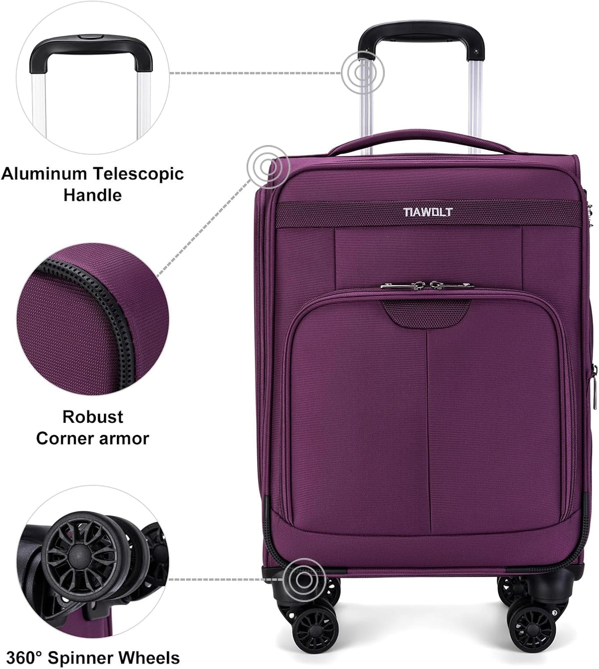Underseater Carry-On Luggage Airline Approved with Spinner Wheels, 16 Inch Luggage with TSA Lock, Overnight Rolling Softside Suitcases for Women,Purple