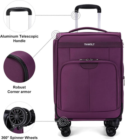 Underseater Carry-On Luggage Airline Approved with Spinner Wheels, 16 Inch Luggage with TSA Lock, Overnight Rolling Softside Suitcases for Women,Purple