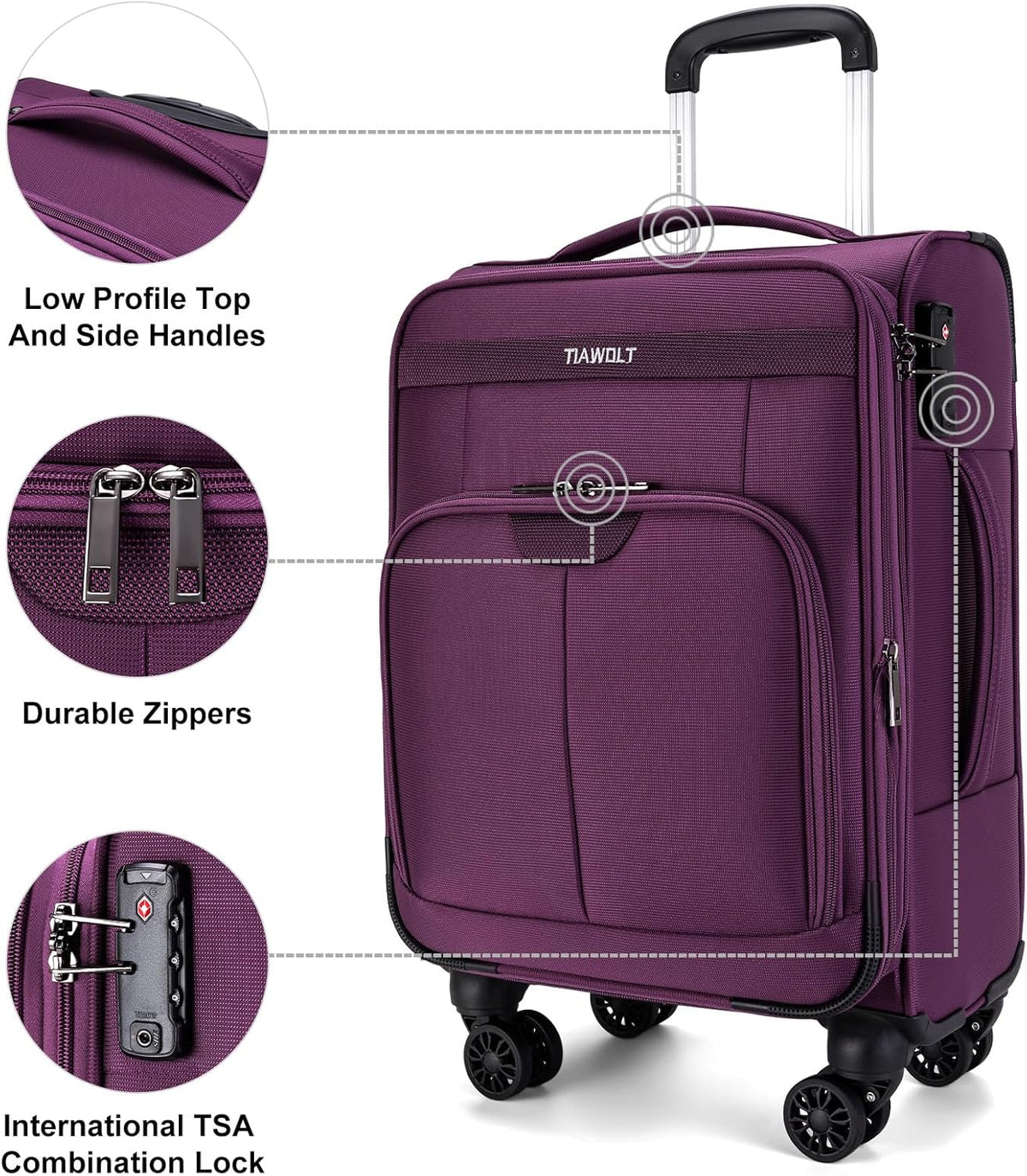 Underseater Carry-On Luggage Airline Approved with Spinner Wheels, 16 Inch Luggage with TSA Lock, Overnight Rolling Softside Suitcases for Women,Purple