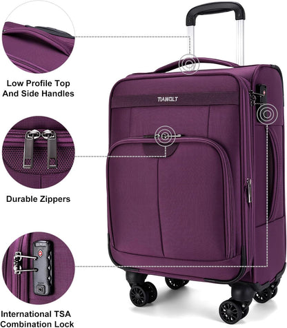 Underseater Carry-On Luggage Airline Approved with Spinner Wheels, 16 Inch Luggage with TSA Lock, Overnight Rolling Softside Suitcases for Women,Purple