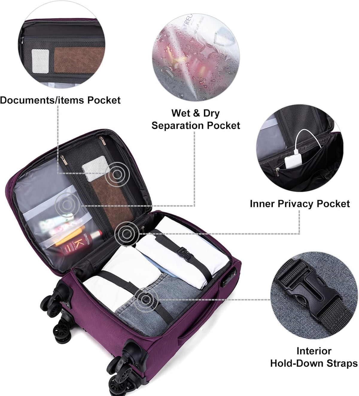 Underseater Carry-On Luggage Airline Approved with Spinner Wheels, 16 Inch Luggage with TSA Lock, Overnight Rolling Softside Suitcases for Women,Purple
