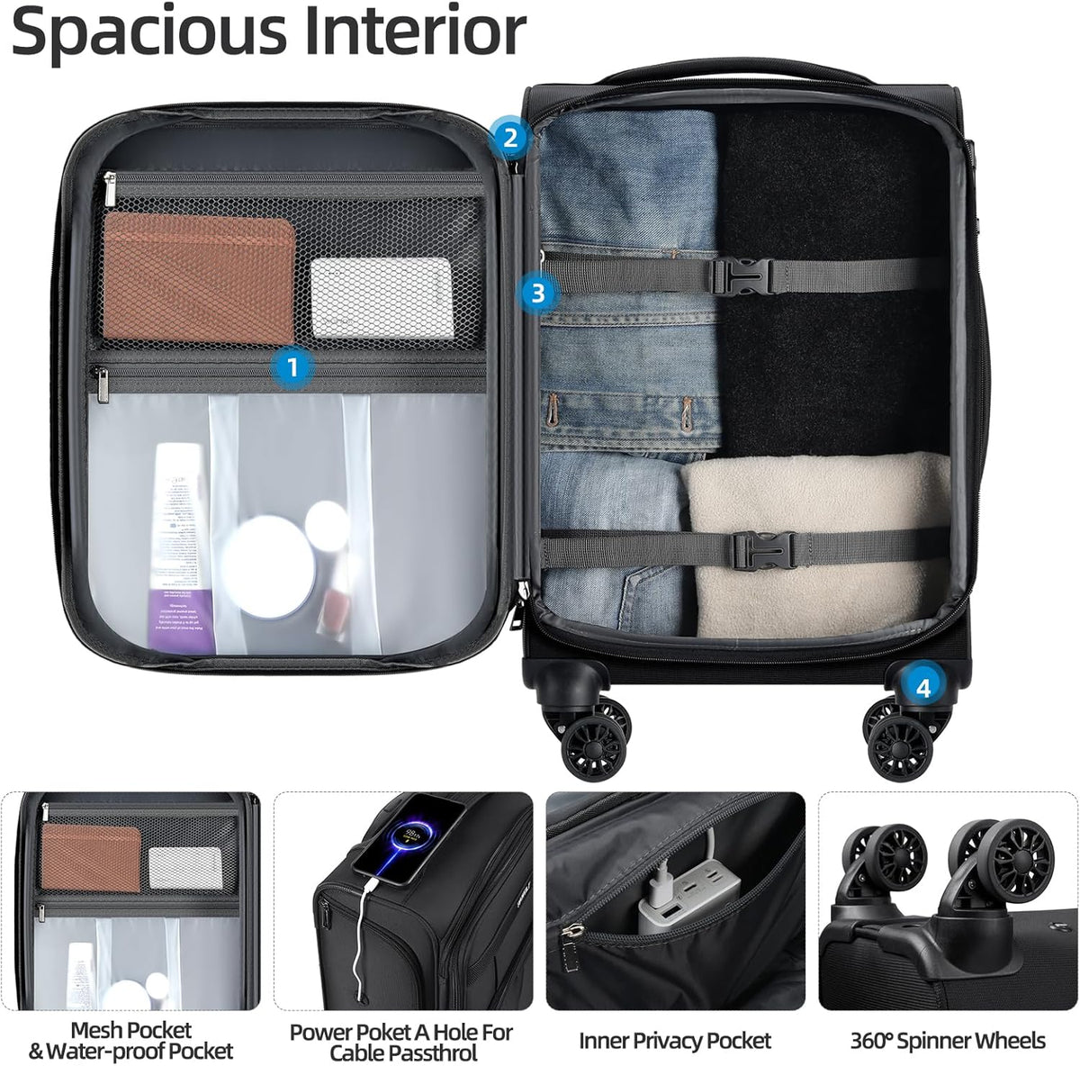 Underseater Carry-On Luggage Airline Approved with Spinner Wheels, 16 Inch Luggage with TSA Lock, Overnight Rolling Softside Suitcases for Women,Purple