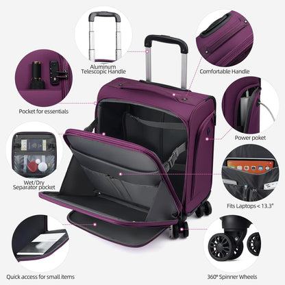 Underseater Carry-On Luggage Airline Approved with Spinner Wheels, 16 Inch Luggage with TSA Lock, Overnight Rolling Softside Suitcases for Women,Purple