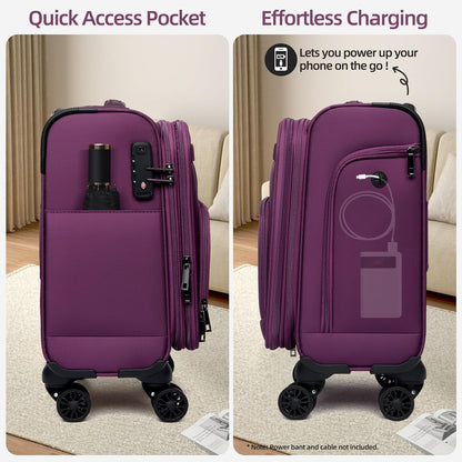 Underseater Carry-On Luggage Airline Approved with Spinner Wheels, 16 Inch Luggage with TSA Lock, Overnight Rolling Softside Suitcases for Women,Purple