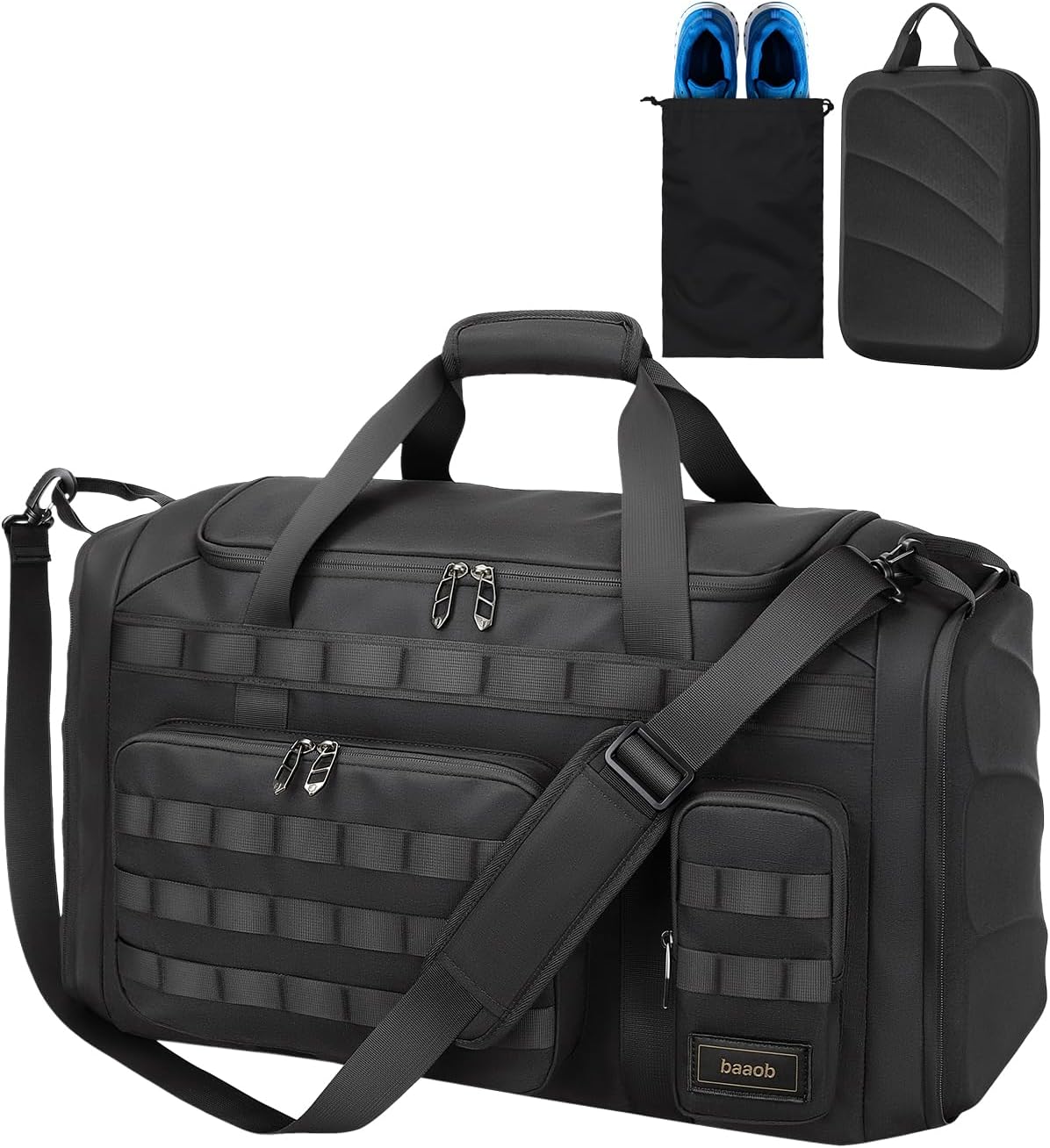60L Foldable Gym Duffel Bag for Men, Large Gym Bag with Reinforced EVA Side Panels, MOLLE System, Travel Weekend Bag with Shoe Storage Pouch for Sports, Overnight, Black