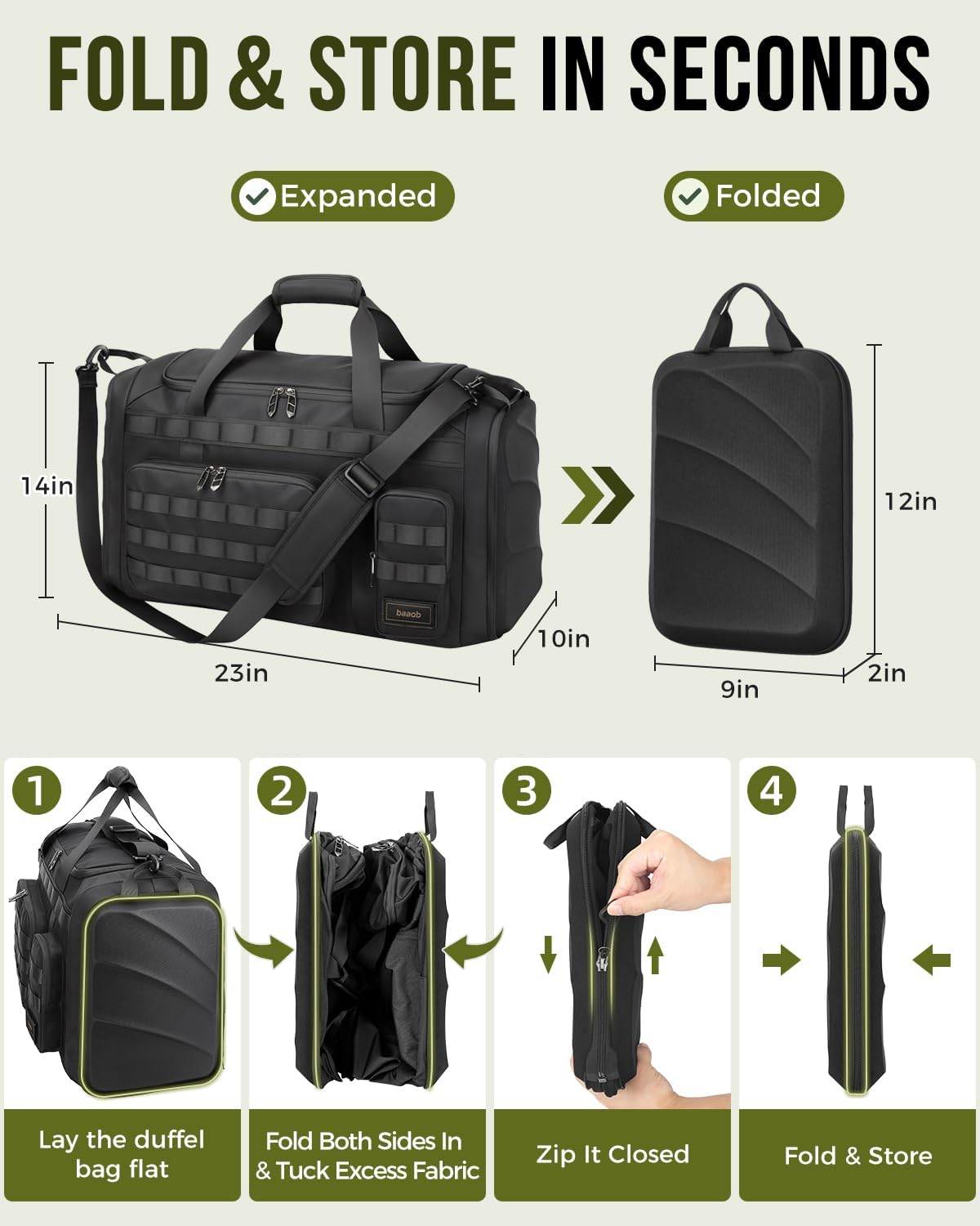 60L Foldable Gym Duffel Bag for Men, Large Gym Bag with Reinforced EVA Side Panels, MOLLE System, Travel Weekend Bag with Shoe Storage Pouch for Sports, Overnight, Black