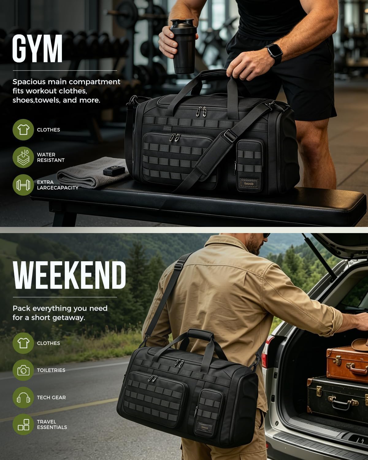 60L Foldable Gym Duffel Bag for Men, Large Gym Bag with Reinforced EVA Side Panels, MOLLE System, Travel Weekend Bag with Shoe Storage Pouch for Sports, Overnight, Black