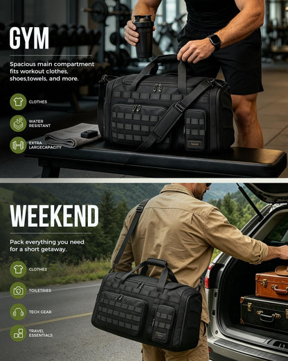 60L Foldable Gym Duffel Bag for Men, Large Gym Bag with Reinforced EVA Side Panels, MOLLE System, Travel Weekend Bag with Shoe Storage Pouch for Sports, Overnight, Black