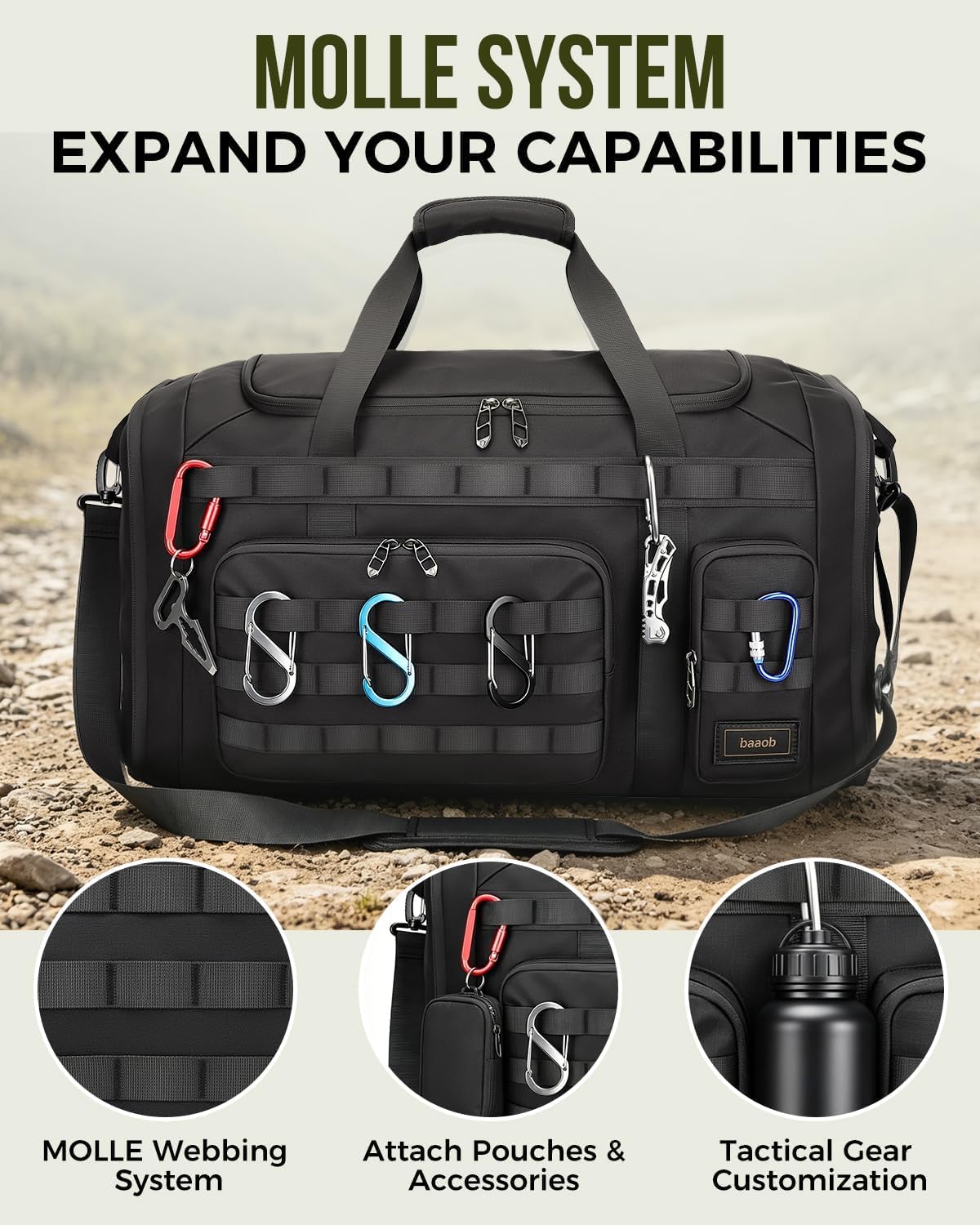60L Foldable Gym Duffel Bag for Men, Large Gym Bag with Reinforced EVA Side Panels, MOLLE System, Travel Weekend Bag with Shoe Storage Pouch for Sports, Overnight, Black