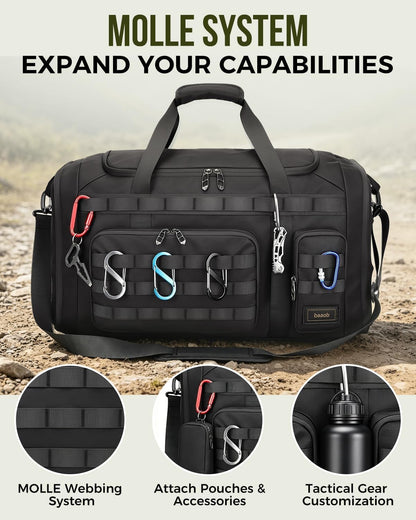 60L Foldable Gym Duffel Bag for Men, Large Gym Bag with Reinforced EVA Side Panels, MOLLE System, Travel Weekend Bag with Shoe Storage Pouch for Sports, Overnight, Black