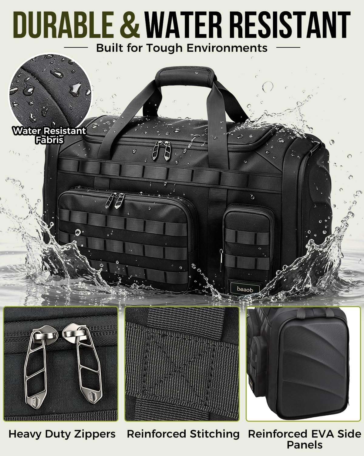60L Foldable Gym Duffel Bag for Men, Large Gym Bag with Reinforced EVA Side Panels, MOLLE System, Travel Weekend Bag with Shoe Storage Pouch for Sports, Overnight, Black