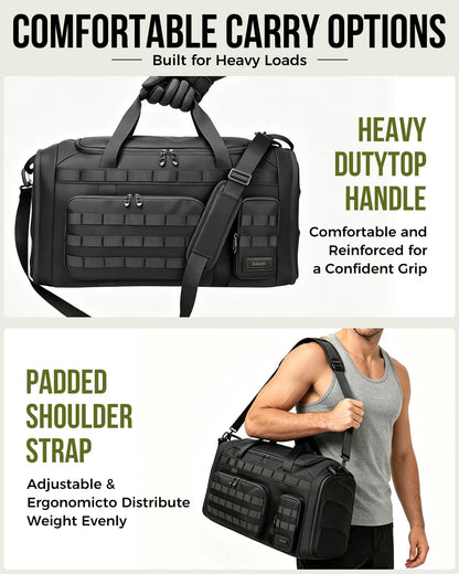 60L Foldable Gym Duffel Bag for Men, Large Gym Bag with Reinforced EVA Side Panels, MOLLE System, Travel Weekend Bag with Shoe Storage Pouch for Sports, Overnight, Black