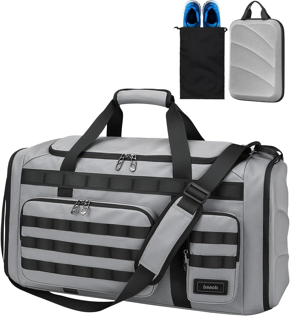 60L Foldable Gym Duffel Bag for Men, Large Gym Bag with Reinforced EVA Side Panels, MOLLE System, Travel Weekend Bag with Shoe Storage Pouch for Sports, Overnight, Black