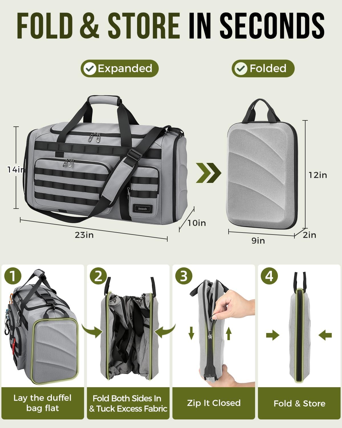 60L Foldable Gym Duffel Bag for Men, Large Gym Bag with Reinforced EVA Side Panels, MOLLE System, Travel Weekend Bag with Shoe Storage Pouch for Sports, Overnight, Black