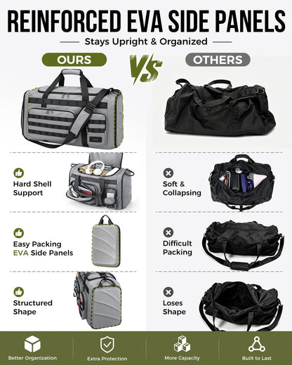 60L Foldable Gym Duffel Bag for Men, Large Gym Bag with Reinforced EVA Side Panels, MOLLE System, Travel Weekend Bag with Shoe Storage Pouch for Sports, Overnight, Black
