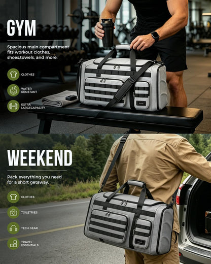 60L Foldable Gym Duffel Bag for Men, Large Gym Bag with Reinforced EVA Side Panels, MOLLE System, Travel Weekend Bag with Shoe Storage Pouch for Sports, Overnight, Black