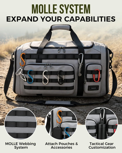 60L Foldable Gym Duffel Bag for Men, Large Gym Bag with Reinforced EVA Side Panels, MOLLE System, Travel Weekend Bag with Shoe Storage Pouch for Sports, Overnight, Black