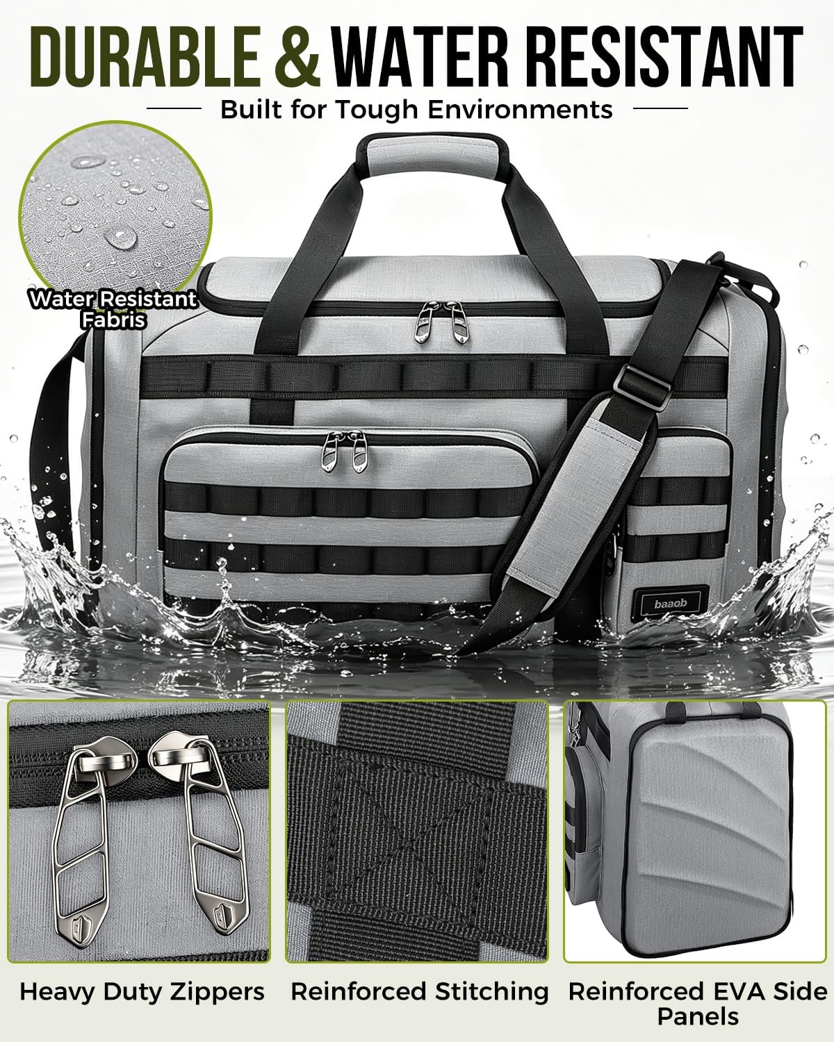 60L Foldable Gym Duffel Bag for Men, Large Gym Bag with Reinforced EVA Side Panels, MOLLE System, Travel Weekend Bag with Shoe Storage Pouch for Sports, Overnight, Black
