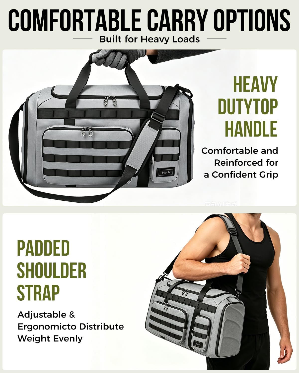 60L Foldable Gym Duffel Bag for Men, Large Gym Bag with Reinforced EVA Side Panels, MOLLE System, Travel Weekend Bag with Shoe Storage Pouch for Sports, Overnight, Black