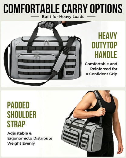 60L Foldable Gym Duffel Bag for Men, Large Gym Bag with Reinforced EVA Side Panels, MOLLE System, Travel Weekend Bag with Shoe Storage Pouch for Sports, Overnight, Black