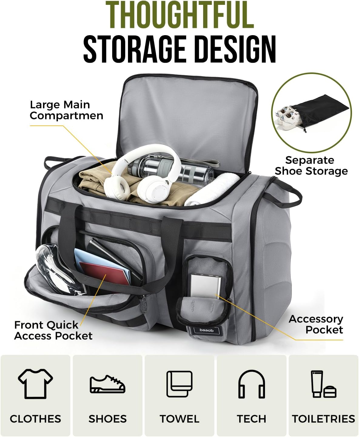 60L Foldable Gym Duffel Bag for Men, Large Gym Bag with Reinforced EVA Side Panels, MOLLE System, Travel Weekend Bag with Shoe Storage Pouch for Sports, Overnight, Black