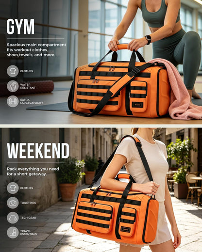 60L Foldable Gym Duffel Bag for Men, Large Gym Bag with Reinforced EVA Side Panels, MOLLE System, Travel Weekend Bag with Shoe Storage Pouch for Sports, Overnight, Black