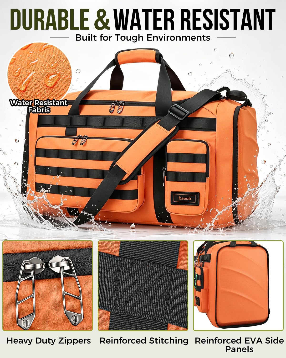 60L Foldable Gym Duffel Bag for Men, Large Gym Bag with Reinforced EVA Side Panels, MOLLE System, Travel Weekend Bag with Shoe Storage Pouch for Sports, Overnight, Black