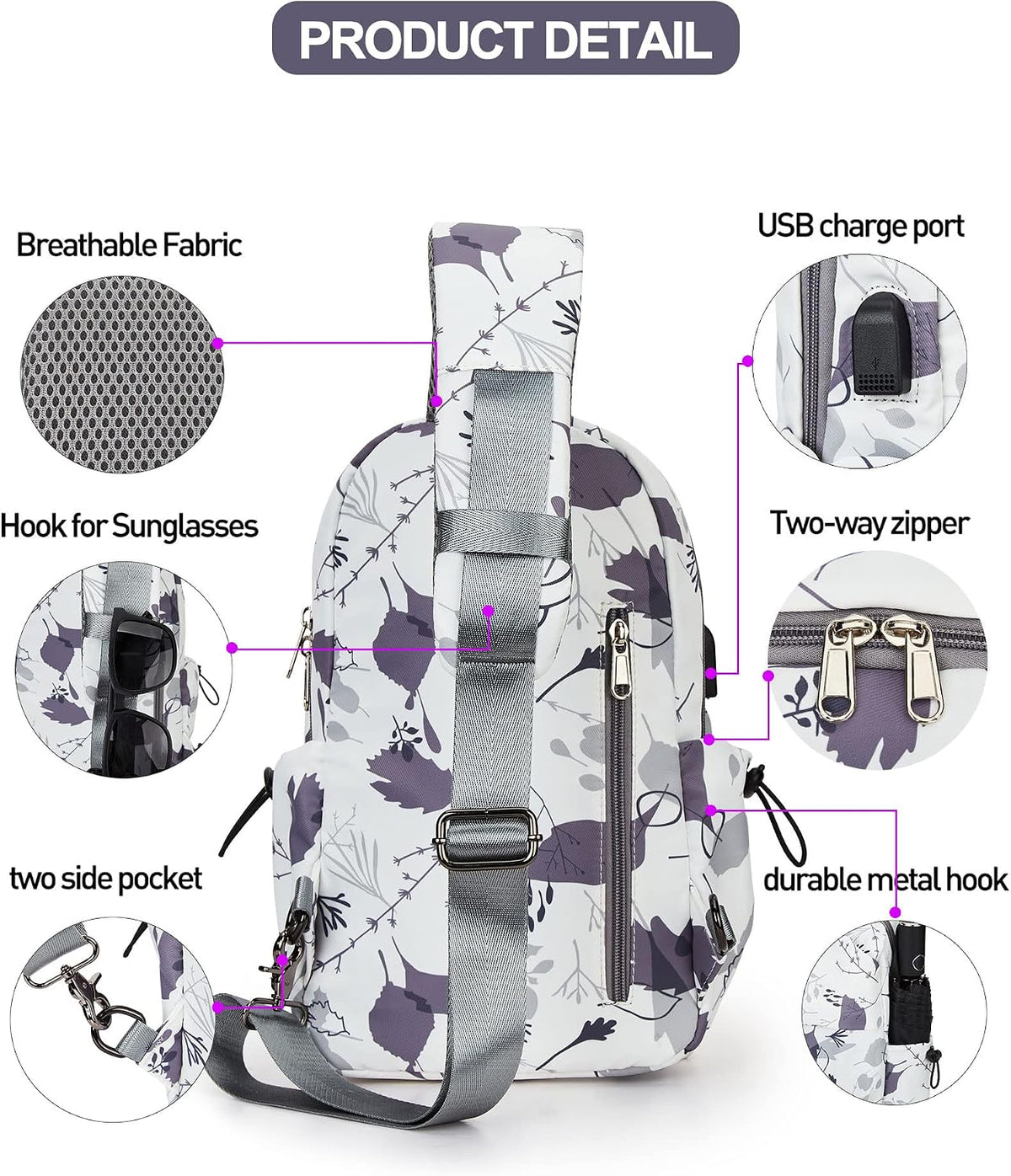 Sling Crossbody Bag for Men Women, Tactical Backpack Shoulder Daypack Mini Anti-Theft Motorcycle Chest Bags, Small One Strap Backpack for Casual Travel Hiking Outdoor Sports Off White