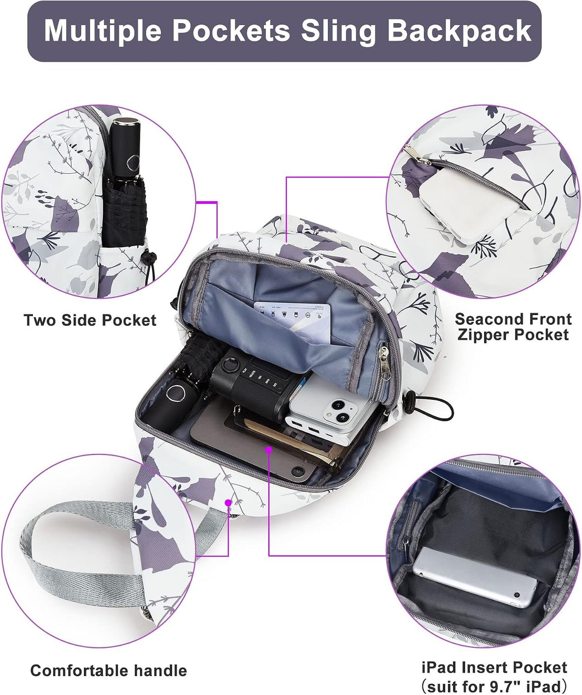 Sling Crossbody Bag for Men Women, Tactical Backpack Shoulder Daypack Mini Anti-Theft Motorcycle Chest Bags, Small One Strap Backpack for Casual Travel Hiking Outdoor Sports Off White