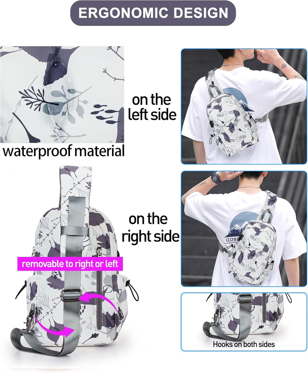 Sling Crossbody Bag for Men Women, Tactical Backpack Shoulder Daypack Mini Anti-Theft Motorcycle Chest Bags, Small One Strap Backpack for Casual Travel Hiking Outdoor Sports Off White