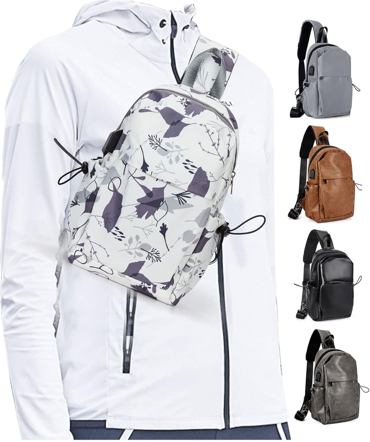 Sling Crossbody Bag for Men Women, Tactical Backpack Shoulder Daypack Mini Anti-Theft Motorcycle Chest Bags, Small One Strap Backpack for Casual Travel Hiking Outdoor Sports Off White