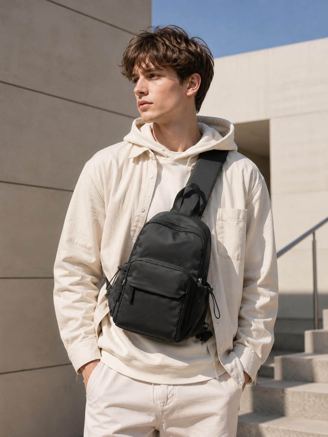 Sling Crossbody Bag for Men Women, Tactical Backpack Shoulder Daypack Mini Anti-Theft Motorcycle Chest Bags, Small One Strap Backpack for Casual Travel Hiking Outdoor Sports Off White