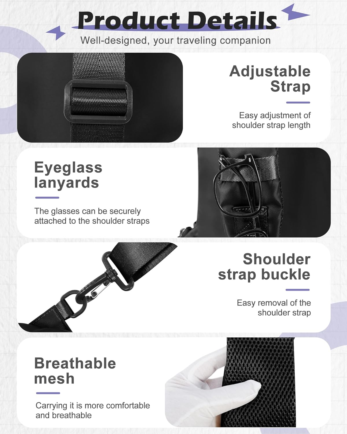 Sling Crossbody Bag for Men Women, Tactical Backpack Shoulder Daypack Mini Anti-Theft Motorcycle Chest Bags, Small One Strap Backpack for Casual Travel Hiking Outdoor Sports Off White