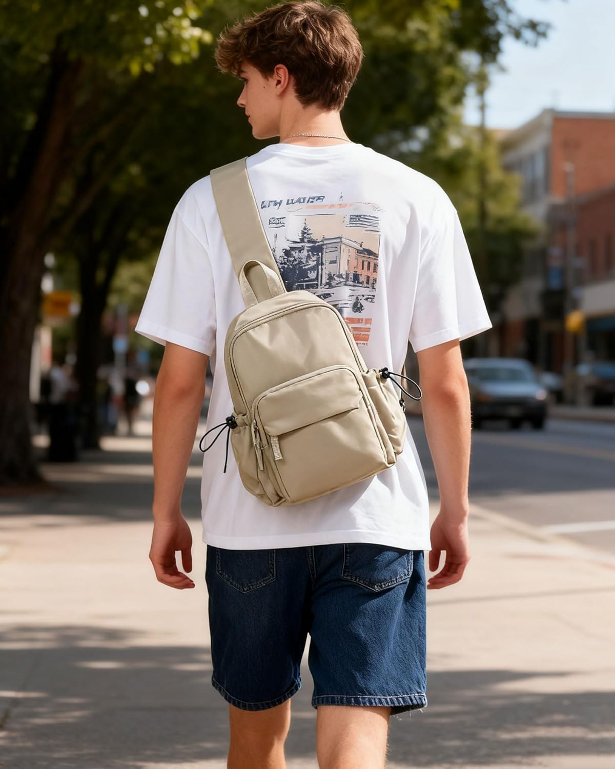 Sling Crossbody Bag for Men Women, Tactical Backpack Shoulder Daypack Mini Anti-Theft Motorcycle Chest Bags, Small One Strap Backpack for Casual Travel Hiking Outdoor Sports Off White
