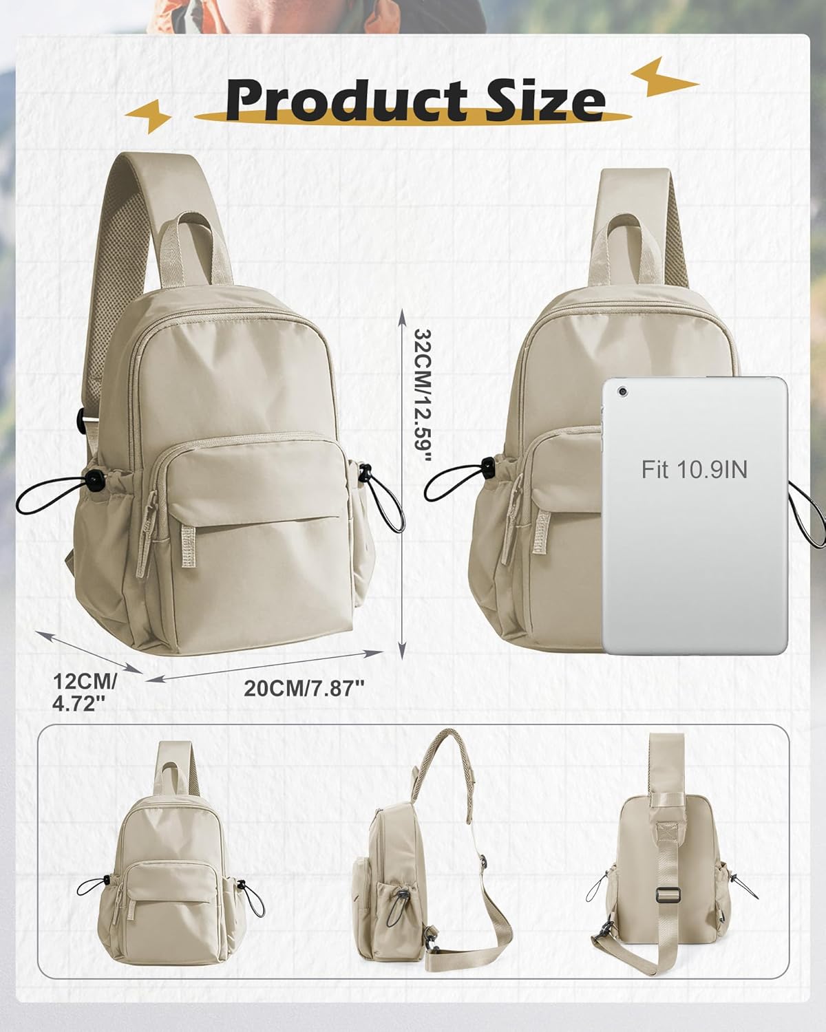 Sling Crossbody Bag for Men Women, Tactical Backpack Shoulder Daypack Mini Anti-Theft Motorcycle Chest Bags, Small One Strap Backpack for Casual Travel Hiking Outdoor Sports Off White